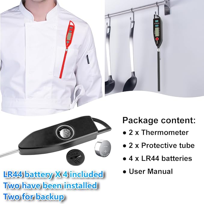 BOMATA 2 Pack Waterproof IPX7 Meat Thermometer Instant Read Food Thermometer with Long Probe for Water, Liquid, Kitchen Cooking, Grill,BBQ ! T101 X 2 Pcs (Black & Red)…