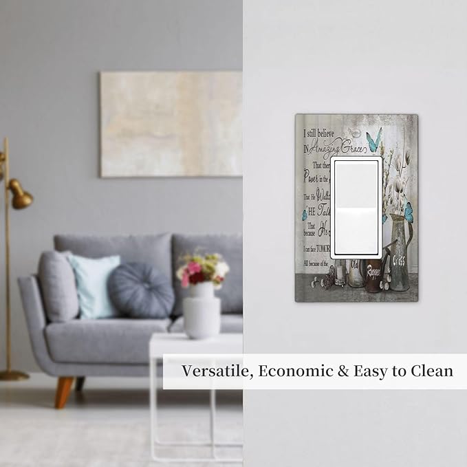 Blue Butterfly Rustic Flower Inspirational Quotes 1 Gang Rocker Light Switch Covers Single Decora Outlet Wall Plate Decorative Switchplate Faceplate GFCI for Farmhouse Country Bedroom Kitchen Decor