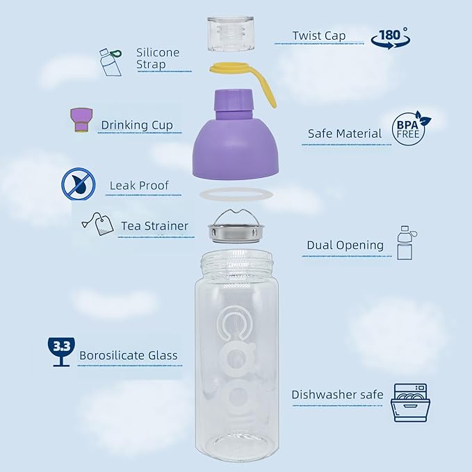17oz Glass Water Bottle with Tea Strainer and Carrying Strap, Daily Hydration Bottle for School, Travel and Gym, for Women and Youth (Lavender)