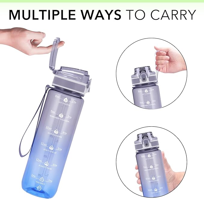 32oz Motivational Water Bottles with Time Marker & Fruit Strainer, Transparent Gradient Color Water Bottle with Times to Drink, Leakproof & BPA Free, Reusable Bottle with Strap (No Straw)