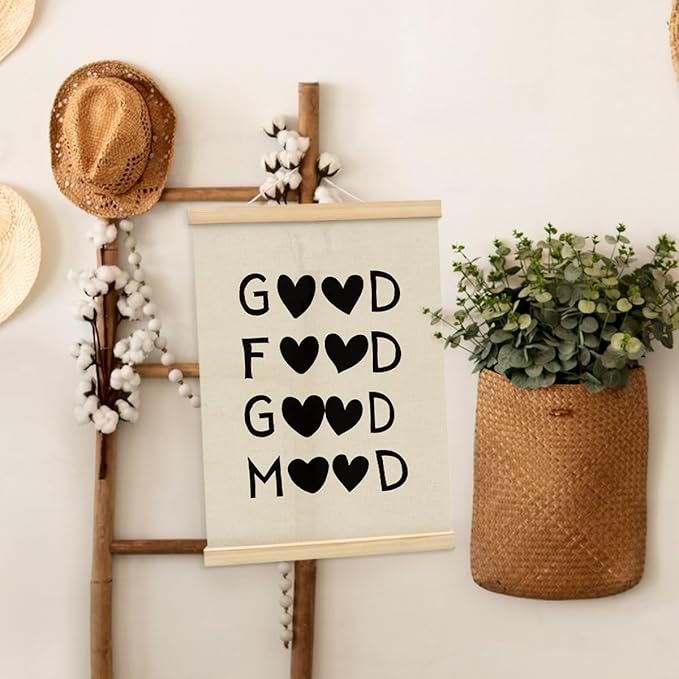 BIWSHA Good Food Good Mood Canvas Poster Framed Hanger 12x16 Inch,Funny Black Heart Kitchen Quotes Decor，Funny Words Poster，Kitchen Dining Room Decor