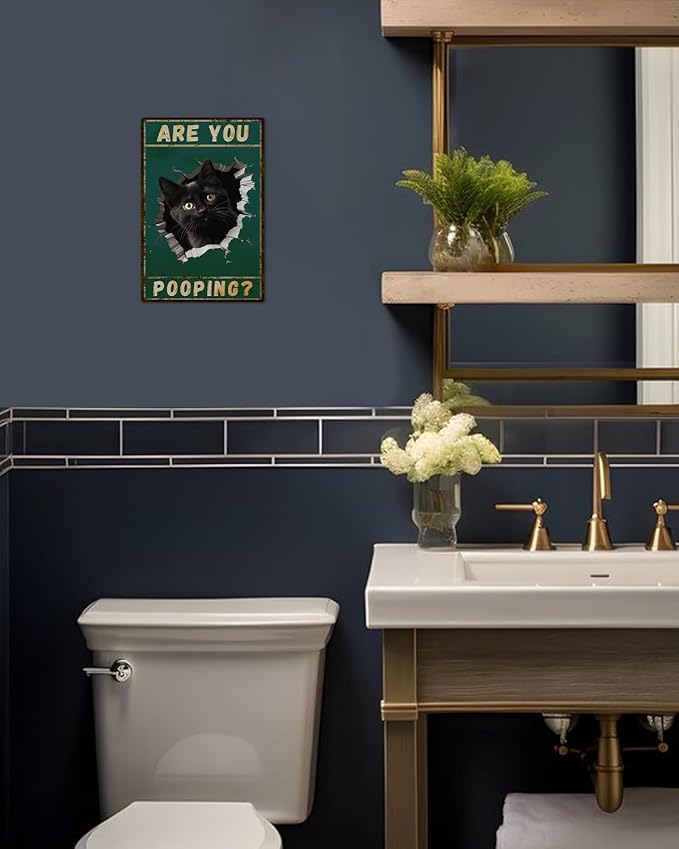 ALKB Are You Pooping Signs Funny Black Cat Sign for Bathroom Wall Decor, Vintage Cat Gift 8 x 12 Inch