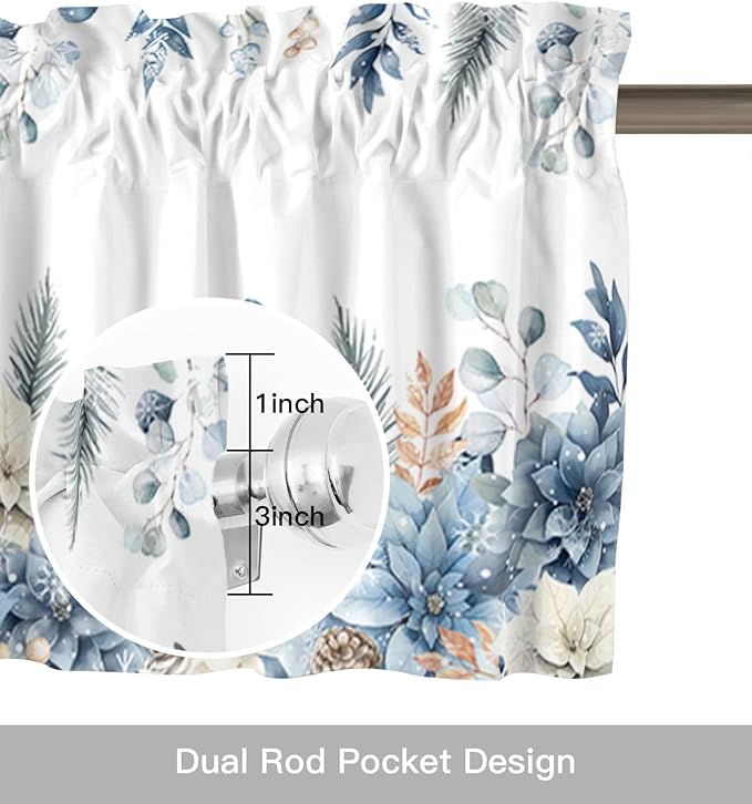 Blue Christmas Poinsettia Valance Curtains for Kitchen Windows Winter Eucalyptus Leaves Rod Pocket Window Treatment Toppers for Kitchen/Living Room/Bedroom/Bathroom, 42" X 18",