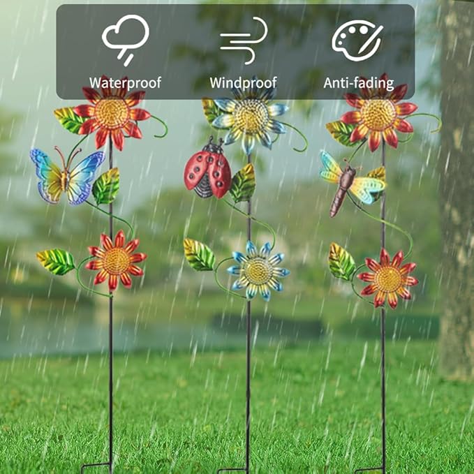3 Pcs Sunflower＆Butterly＆Ladybug＆Dragonfly Decorative Garden Stakes,23.5 in Metal Sunflower Yard Art for Outside Decor,Spring Outdoor Decor for Mom,Women,Grandma