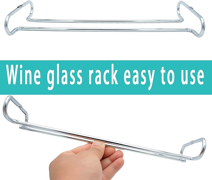 10 Inch Wine Glass Rack Under Cabinet Shelf Stemware Storage Hanging Hanger Organizer Glasses Holder with Drying Under Counter Metal for Kitchen and Bar Set of 2 Silver