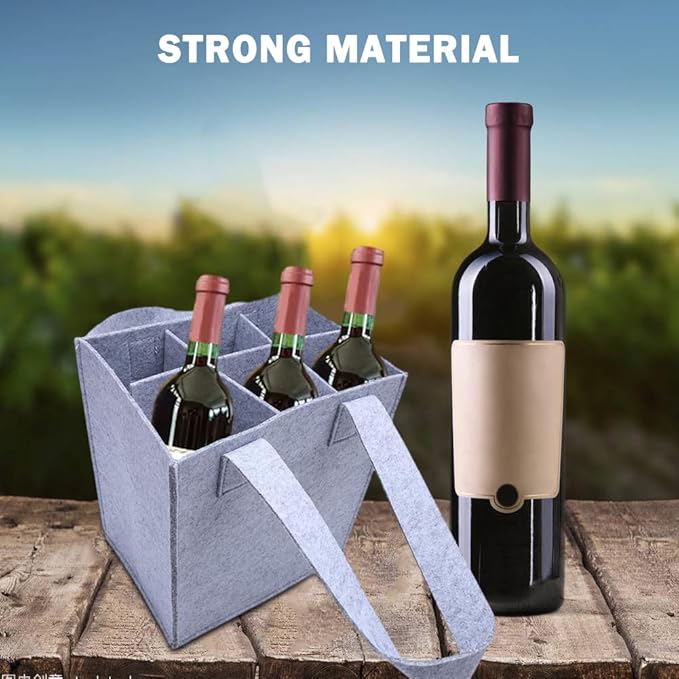 Bottle Bag for Wine, 6 Compartments Felt Wine Bottle Holder, Resuable Wine Tote Bag with Compartments for Transporting Red Wine, Champagne, Beer and Water Bottles(light grey)