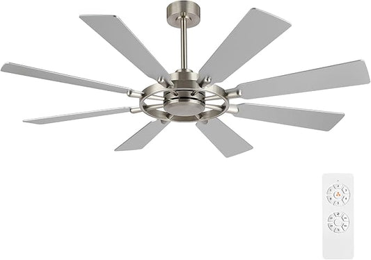 60 Inch Ceiling Fan without Lights, Wood 8 Blades 6-Speed Noiseless Reversible DC Motor, Modern Large Remote Control Ceiling Fan for Bedroom Dining Living Room, Nickel Finish+Silver
