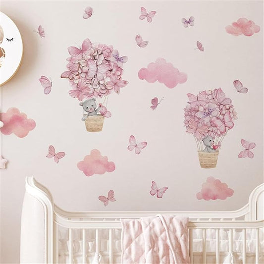 Bear Flower Butterfly Pink Clouds Wall Stickers for Girls Room Hot Air Balloon Baby Nursery Decor Wall Decal