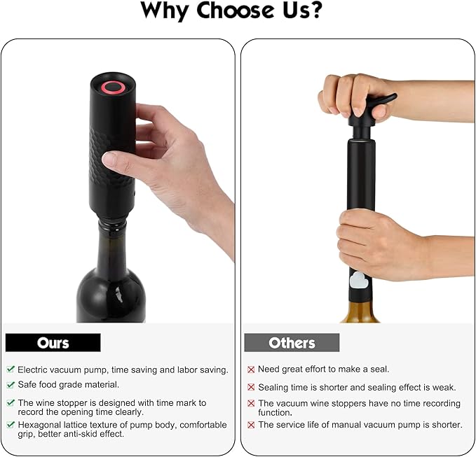 Automatic Wine Saver Pump Set for Red Wine with 4 Reusable Vacuum Bottle Sealer Stoppers USB Type-C Charging - Black