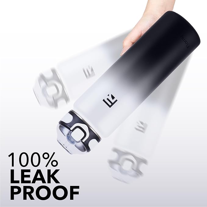 32 oz Insulated Water Bottle with Straw, Stainless Steel Metal Thermos Bottles, Durable Non-Slip Gradient Bottle with Strap for Sports and Travel, Leak Proof (Gray Black)