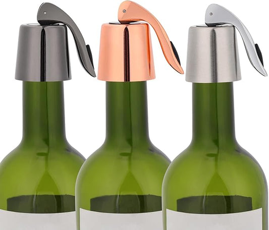 3Pcs Stainless Steel Wine Stoppers, Reusable Wine Bottle Stopper with Silicone Seal, Wine Saver and Decorative Bottle Sealer, Beverage and Wine to Keep Fresh (Silver+Black+Rose Gold）