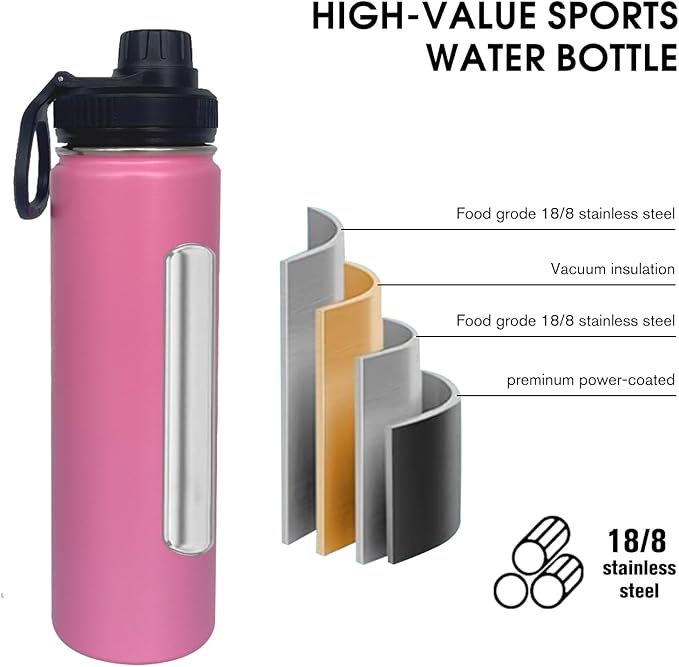 4pack 22 oz Insulated Water Bottle With Straw, Stainless Steel Sports Water Cup Flask with 2 Lids, Wide Mouth Travel Thermal Mug,Pink