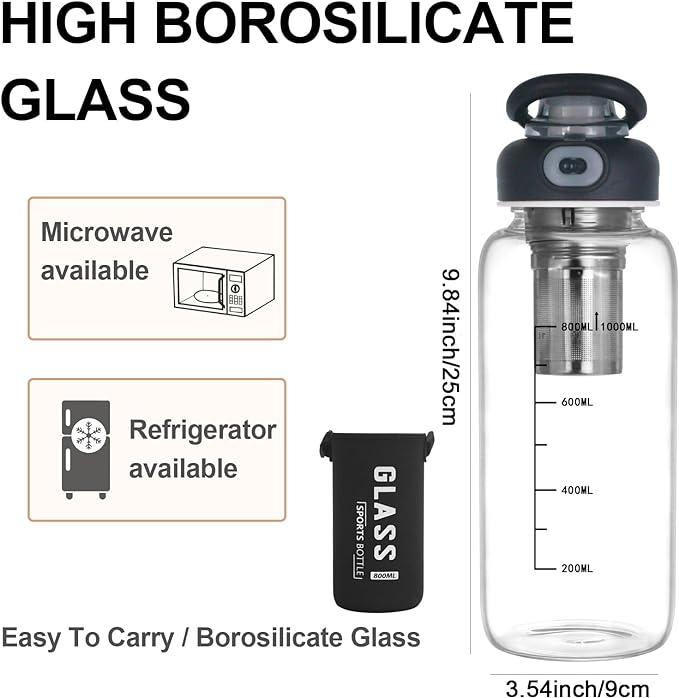 Borosilicate Glass drinking bottles,With Capacity Marker Water Bottle, 34oz Capacity, With Leak-Proof Lid, Stainless Steel Tea Strainer, BPA-Free For hot or cold drinks, coffee, tea and water