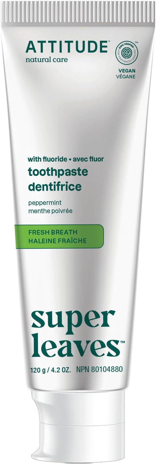 ATTITUDE Fresh Breath Toothpaste with Fluoride, Peppermint Flavor, Vegan & Cruelty-Free, Sugar-Free, Plant & Mineral-Based Ingredients, Clean Oral Care, 4.2 Oz