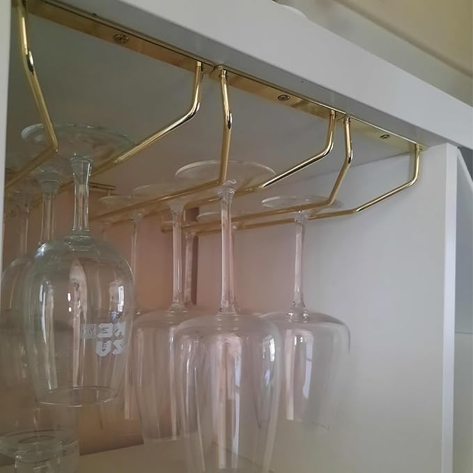 10.8 Inch Gold Wine Glass Rack, Under Cabinet Wine Glass Holder, Wine Glass Hangers Under Shelf, Stemware Rack, Hanging Stemware Holder for Cabinet Kitchen Bar, Set of 4