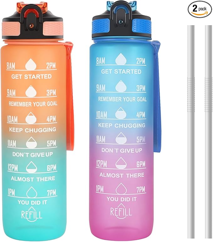2 Pack 32oz Sports Water Bottle, Motivational Sports Water Bottle with Times Marker, Leak-Proof Water Cup for Fitness, Gym and Outdoor