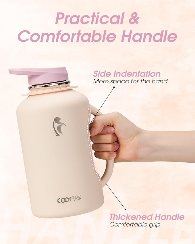 64oz Insulated Water Bottle, Coolflask Half Gallon Water Jug With Handle Straw Stainless Steel Double-Walled Vacuum Metal Large Flask With Strap Non-BPA Leakproof, Keep Cold 48 Hrs, Apricot Pink