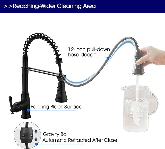 Black Kitchen Faucet with Pull Down Sprayer Stainless Steel Single Handle Pull Out Spring Sink Faucets 1 Hole Or 3 Triple function campers, RVs, laundry rooms, and kitchen countertops or bar counter.