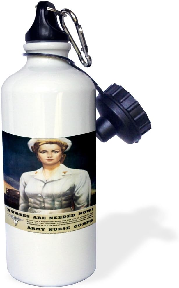 3dRose "Vintage Nurses Are Needed Now Army Nurse Corps Recruiting Poster" Sports Water Bottle, 21 oz, White