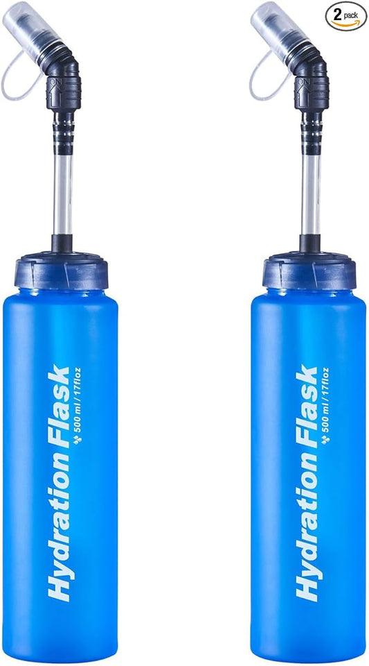 Azarxis TPU Soft Flask Running Water Bottles Collapsible BPA-Free for Hydration Pack - Ideal for Running Hiking Cycling Climbing (500ml/16.9oz - 2 Pack with 2 Speed Straws)