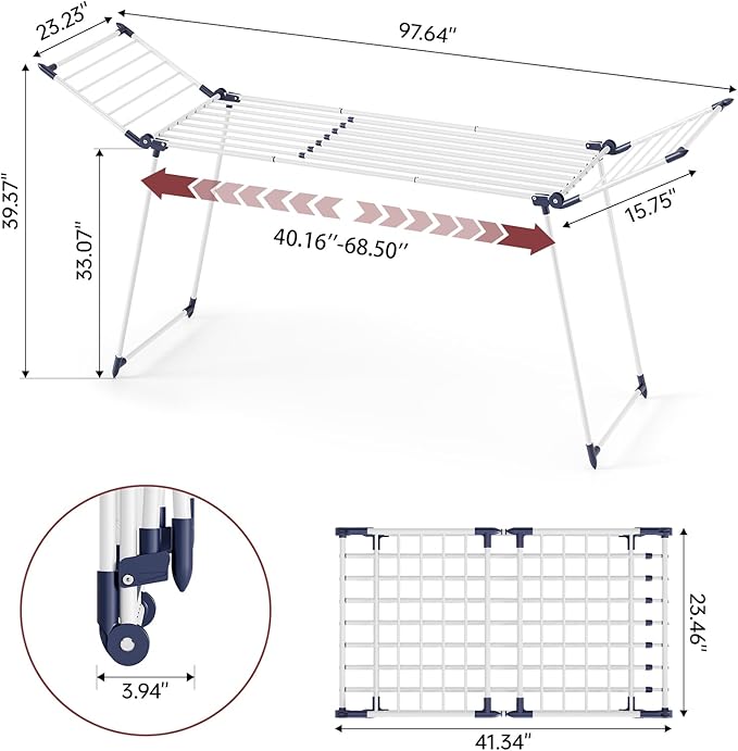 APEXCHASER Clothes Drying Rack Foldable, Large Drying Rack for Clothing Retractable, Winged Laundry Rack Folding Indoor Outdoor, Metal Clothes Airer for Bedding Towel Sweater Heavy Duty, White