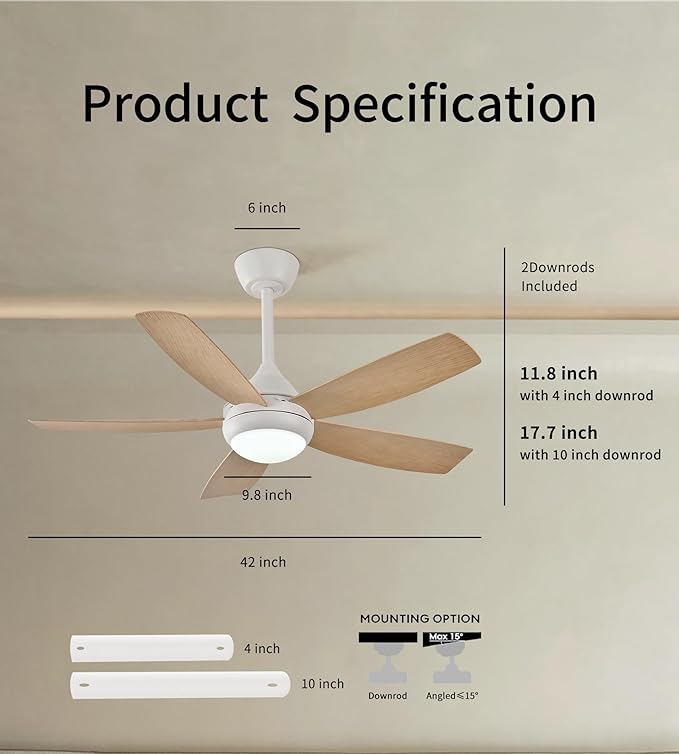 42" Ceiling Fan with Lights, 5 Blades, 6 Speeds DC Reversible, Dimmable, Low Profile Ceiling Fan with Light and Remote Control for Bedroom or Living Room