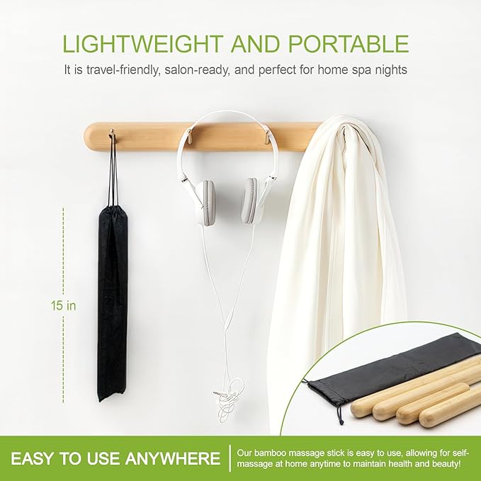 4PCS Solid Bamboo Massage Sticks & Guasha Set with Roller/Stick - 100% Bamboo Therapy Tools for Neck/Arm/Back/Legs/Full Body, Deep Tissue Massage, Muscle Relaxation, Body Shaping, Fatigue Relief