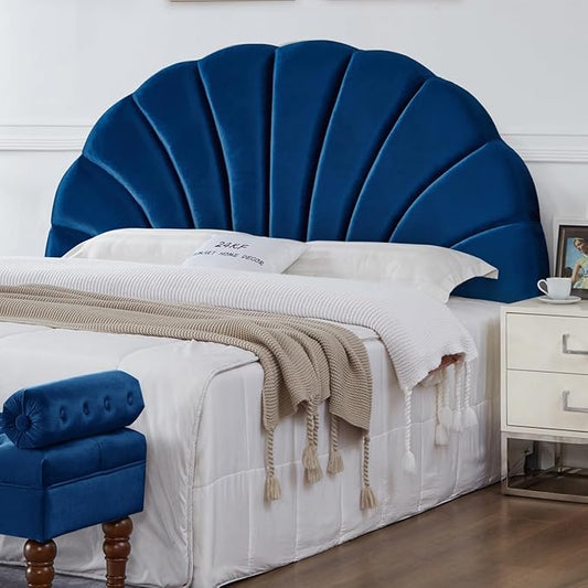 24KF Stunning Crown Design King Headboard, Upholstered Soft Velvet Petal Pattern Headboard King/CA King-6039-K-Navy