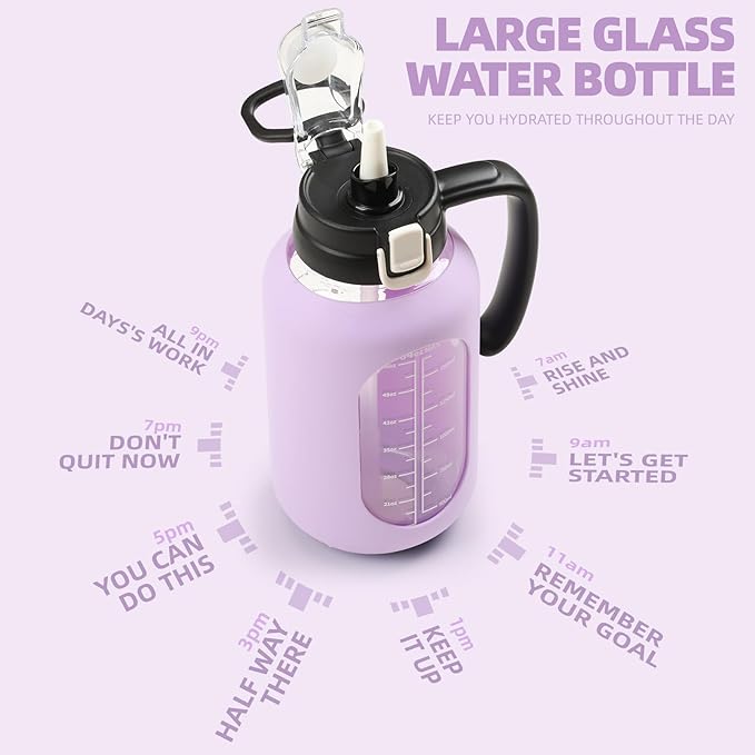 64 oz Glass Water Bolttles Half Gallon Large Motivational Water Bottle with Time Marker Sports Water Bottles with Silicone Sleeve and Handle Lid Water Jug for Gym Workout-1 Pack