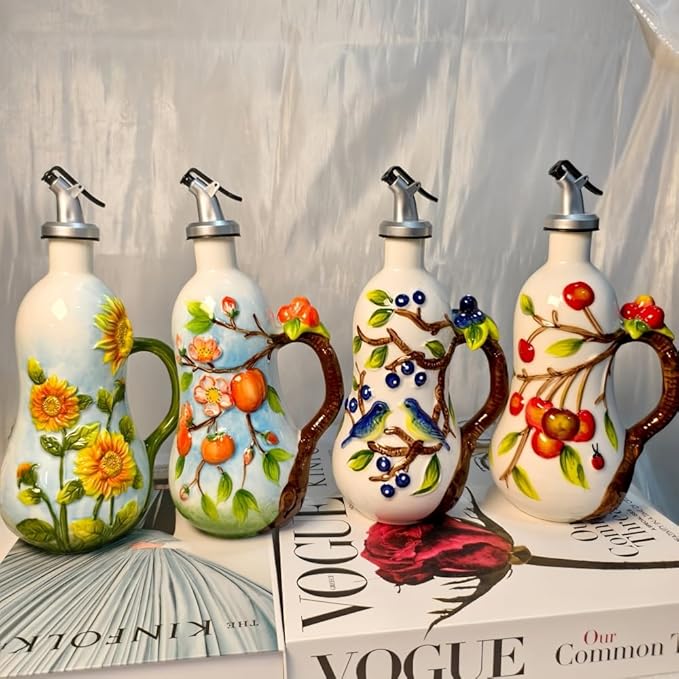 18.26oz/540ml Ceramics Olive Oil Dispenser Bottle,Hand Painted Reliefs Oil Dispenser for Kitchen,Oil Bottles for Kitchen (Cherry)