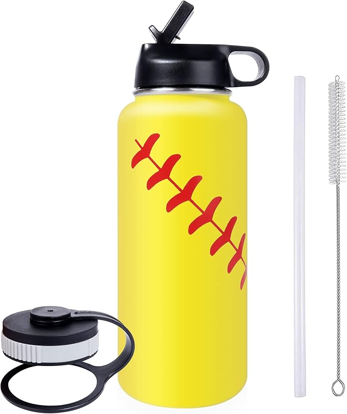 22oz Wide Mouth Softball Water Bottle with Two Lids(Straw, Handle Lid), 18/8 Stainless Steel Vacuum Insulated for Travel & Sport Cup. (Softball Yellow, 22oz)