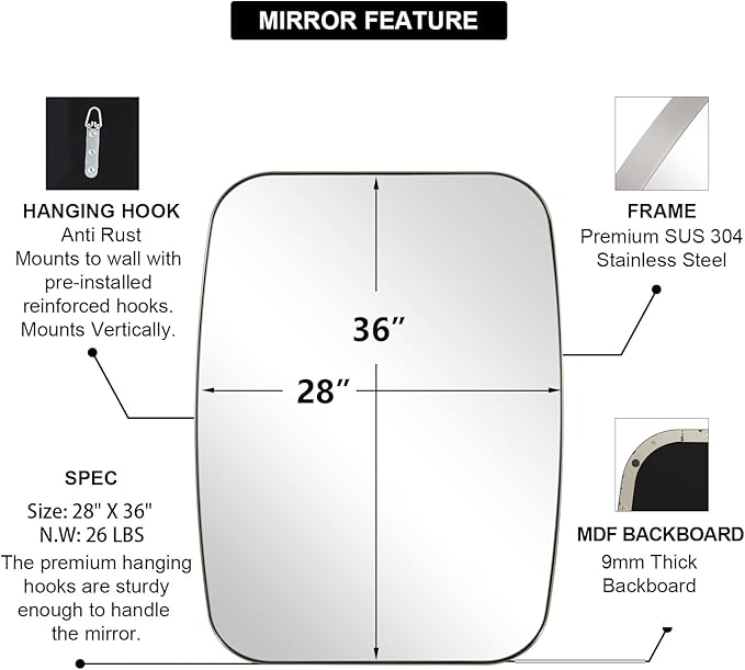 ANDY STAR Brushed Nickel Mirror, 28x36 Inch Stainless Steel Metal Frame Oblong Bathroom Mirror for Vanity, 1’’ Deep Wall Mounted Vertically/Horizontal