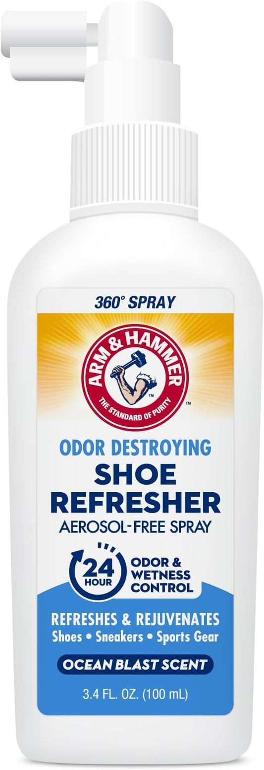 Arm & Hammer Shoe Refresher Spray, Odor Eliminator for Sneakers, 24 Odor & Wetness Control, Aerosol-Free Shoe Deodorizer Spray, Ocean Blast Scent, 3.4 oz
