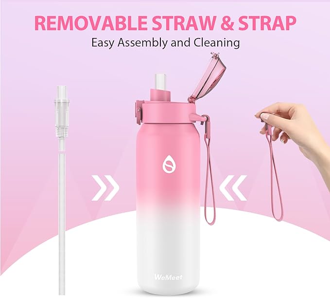 32oz Water Bottle with Removable Straw and Spout Lid Two Ways to Drink, 18/10 Stainless Steel Insulated Water Bottle, BPA-Free, Leak Proof, Double wall, for Sports, Gym