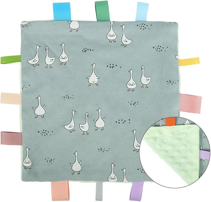 Baby Tags Security Blanket, Sensory Soothing Blanket with Tags,Dotted Backing Taggies Blanket for 3-12 Months Boys and Girls. (Duck)