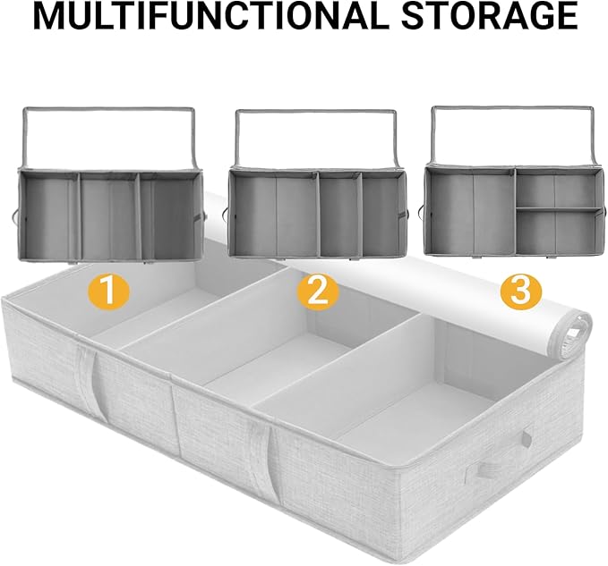 2 Packs Under Bed Storage Containers, Foldable Clothes Draw Organizers with Adjustable Dividers, Handles, Clear Window, Closet Storage Bins for Clothing, Shoes, Blankets