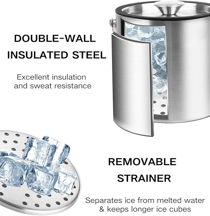 3L Double Wall Ice Bucket with Silicone Lid, Tongs & Scoop Insulated Ice Buckets for Parties & Cocktail Bar,[Silicone Lid for Longer Ice] Large Wine Bar Bucket Stainless Champagne Chiller