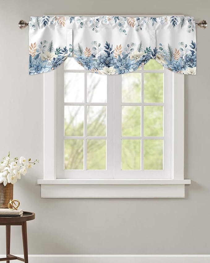 Blue Christmas Poinsettia Blackout Tie Up Valance Curtains for Kitchen Windows Winter Eucalyptus Leaves Window Toppers Balloon Shades for Living Room/Bathroom/Bedroom,1 Panel, 42" X 18",