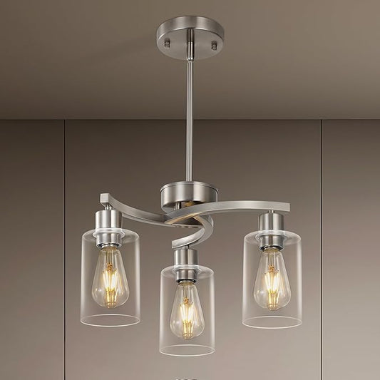 3-Light Brushed Nickel Dining Room Light Fixture,Modern Kitchen Chandeliers Over Table，Adjustable Height Industrial Hanging Pendant Lights for Kitchen Island with Glass Shade