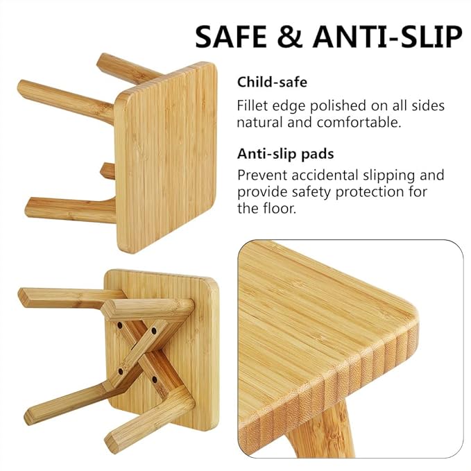 Bamboo Wood Step Stools for Kids Adults - Small Step Stool - Bedside Bed Steps Foot Stool for High Beds Great for Kitchen Bathroom Bedroom Anti-slip 350 Lbs Capacity (Large Square)