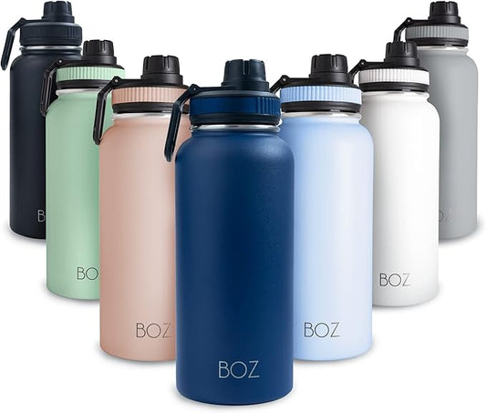 BOZ Stainless Steel Water Bottle - Vaccum Insulated Water Bottle 32 Oz - Wide Mouth BPA Free Sport Water Bottle for Gym with Spout Lid - Thermal Hot & Cold 1 Litre Blue Waterbottle