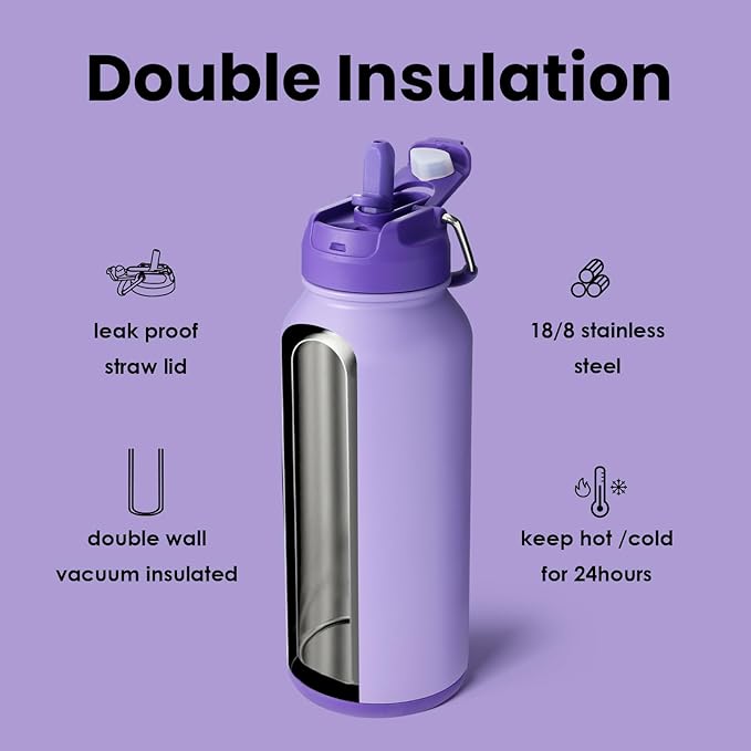 BOTTLE BOTTLE 32oz Insulated Water Bottle Stainless Steel Sport Water Bottle with Straw Dual-use Lid Design for Gym with Pill Box (dark purple)