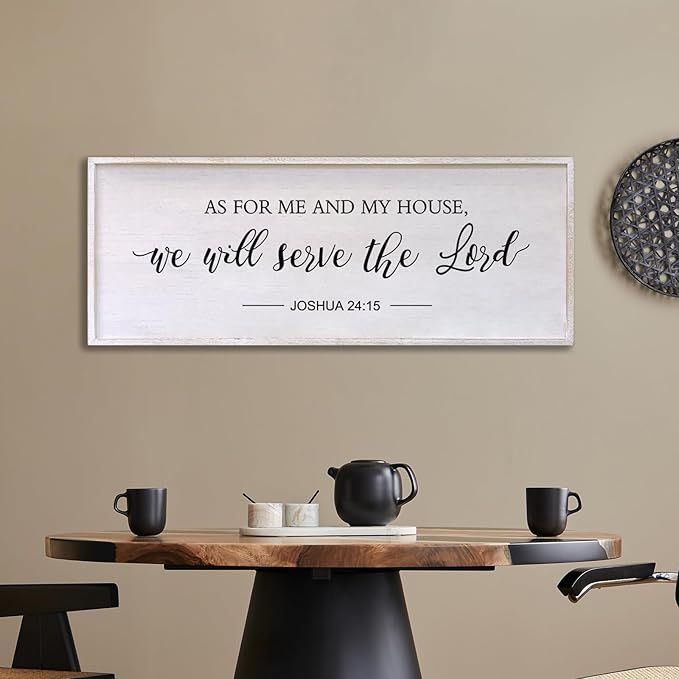 As for Me and My House We Will Serve the Lord Wall Decor - 32" x 12" Large Rustic Family Living Room Wood Framed Home Sign Joshua 24 15 Christian Bible Verse Plaque Hanging Wall Art(White)