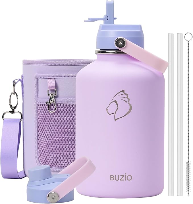 BUZIO 64oz Insulated Water Bottle, Half Gallon Water Jug Stainless Steel with Straw Lid and Carrying Pouch, Keep Cold 48h Lead-Free Double Wall Vacuum Thermo Metal Canteen for Gym Camping, Purple