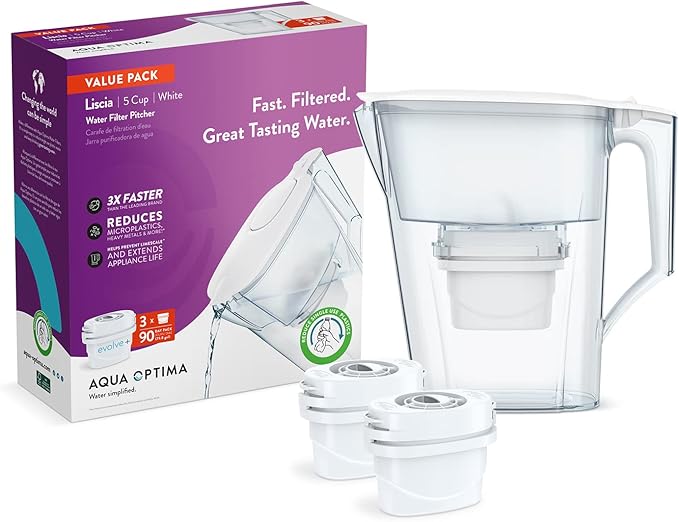 Aqua Optima 5-Cup Water Filter Pitcher Bundle Pack for Tap and Drinking Water with 3 Evolve+ Filter, Reduces Microplastics, Improves Taste, BPA Free, WQA Certified, Liscia Design (White)