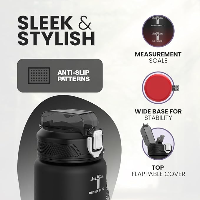 1L Water Bottle with Straw - Leak-Proof & BPA Free Reusable Sports Bottle - Motivational Time Markings for Hydration Durable Drink Bottle for Gym, Sports, Outdoor (Black and Red)