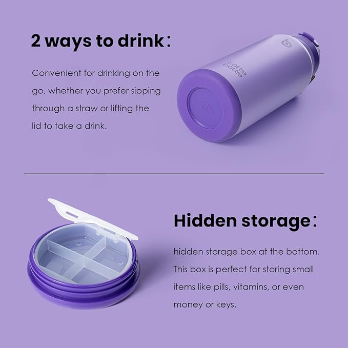 BOTTLE BOTTLE 32oz Insulated Water Bottle Stainless Steel Sport Water Bottle with Straw Dual-use Lid Design for Gym with Pill Box (dark purple)