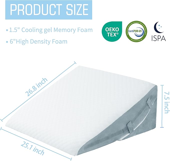 Bed Wedge Pillow for Sleeping, 7.5 Inch Adjustable Memory Foam Triangle Wedge Pillow for After Surgery Legs and Back Support Pillow Relieve Acid Reflux, Gerd, Snoring