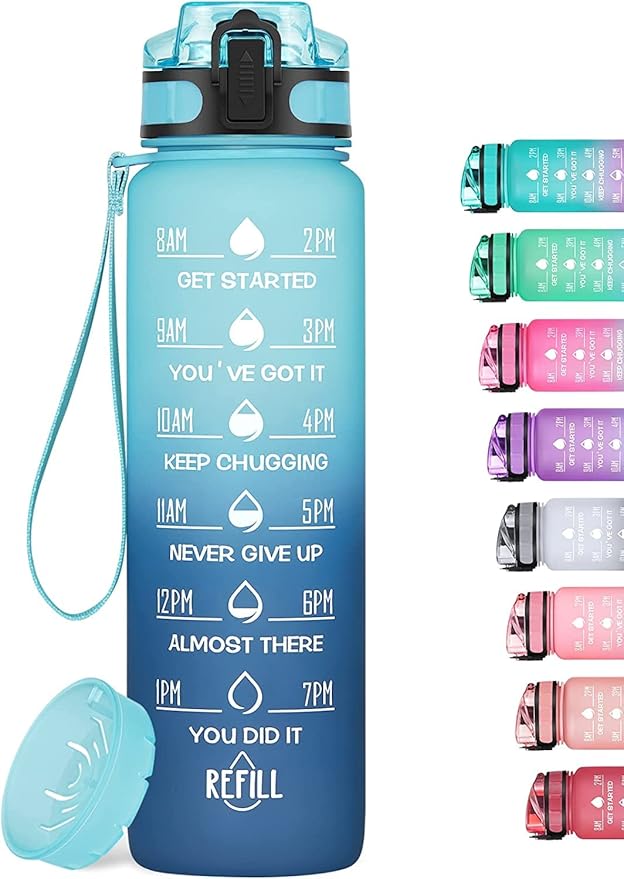 32oz Motivational Water Bottle with Time Marker & Fruit Strainer, Leak-proof BPA Free Non-Toxic 1l Bottle with Carrying Strap, Perfect for Fitness, Gym and Outdoor Sports (Ombre: Blue Waves)