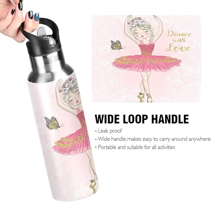 Blueangle Lovely Ballerina Girl Sports Water Bottle, 22 Oz BPA Free Non-Toxic Stainless Steel Water Bottle with Straw for Gym Yoga Fitness Camping